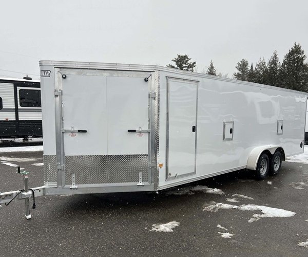 1 2024 E-Z Hauler 7×24 Aluminum 4-Place Drive In/Out w/Tapered Ramps, Rear Canopy