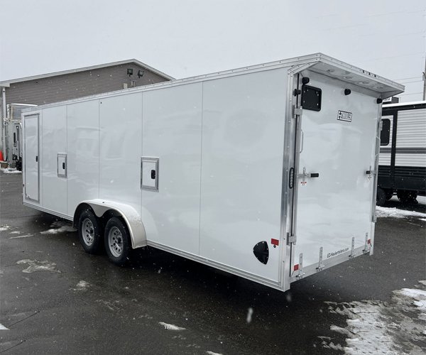 4 2024 E-Z Hauler 7×24 Aluminum 4-Place Drive In/Out w/Tapered Ramps, Rear Canopy